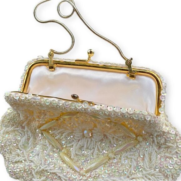 Vintage Opalescent Sequin Seed Bead Kisslock Snake Chain Evening Frame Purse - Picture 11 of 16